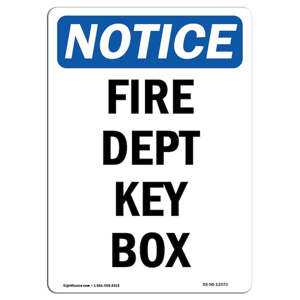 OSHA Sign, Fire Dept Key Box, 18in X 12in Decal, 12" W, 18" L, Portrait, Fire Dept Key Box Sign